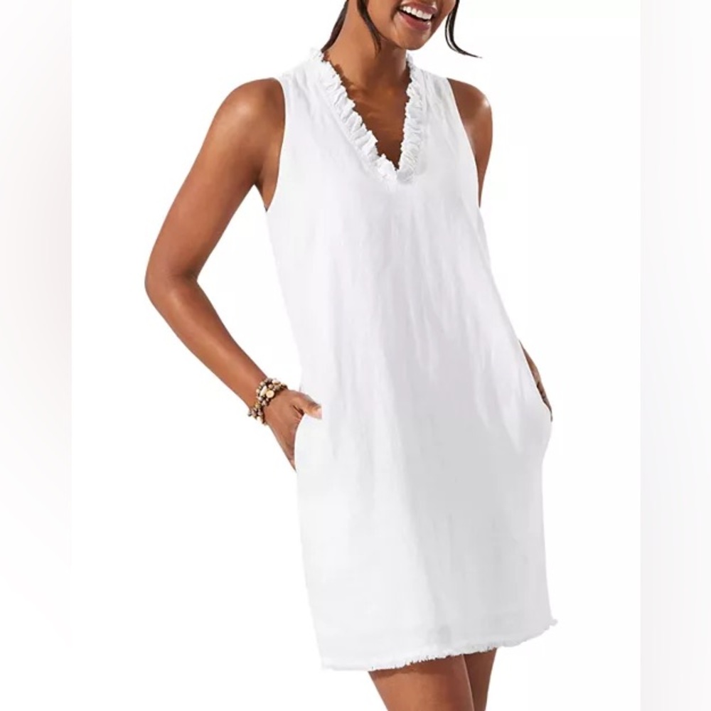 Tommy Bahama White Linen Two Palms Ruffled Shift Dress Size small